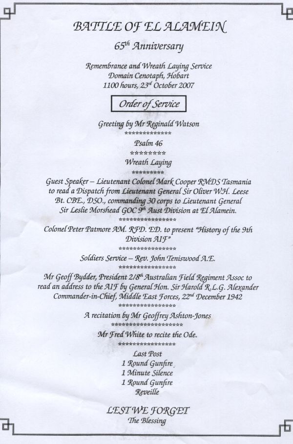 Order of Service, Hobart, 23 October 2007