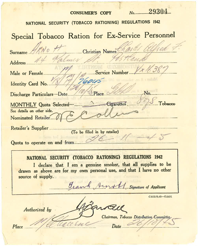 Special Tobacco Ration for Ex-Service Personnel