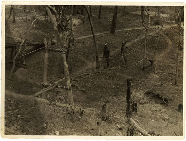 At Atherton Tableland. Two men walk over a rope bridge.