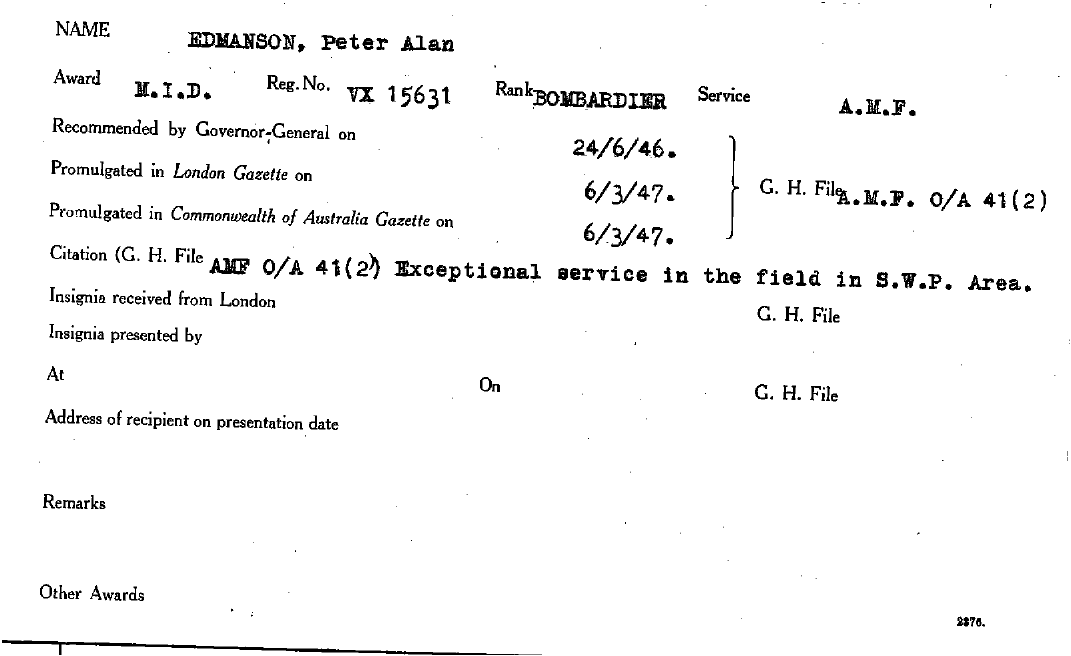 Citation for exceptional service promulgated in the London Gazette on 6 March 1947.