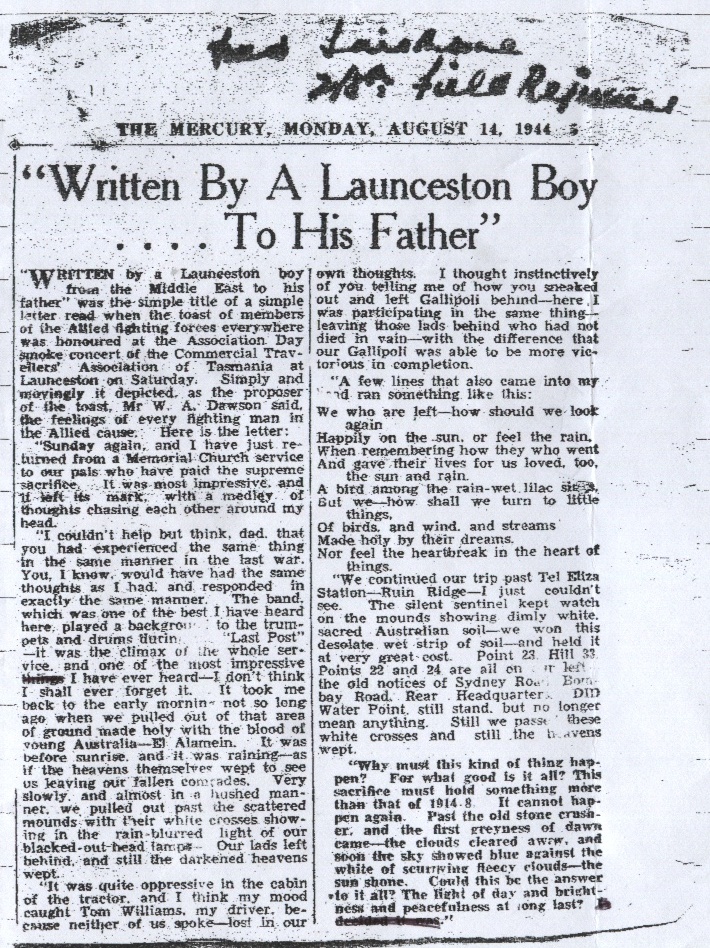 Letter to his Dad - Fred Fairthorne