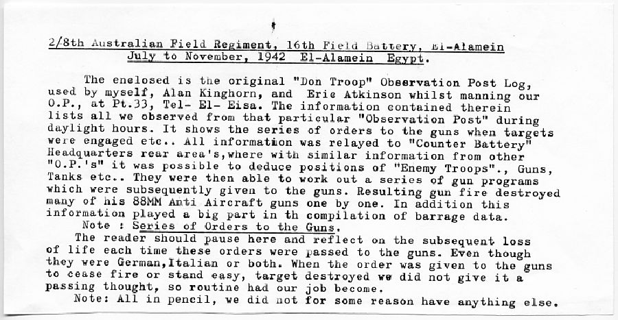 Observation point log book Al-Alamein